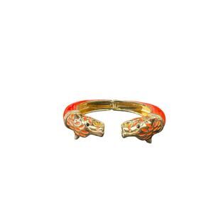 Orange Enamel Panther Head Clamper Bracelet with Gold-Tone Finish
